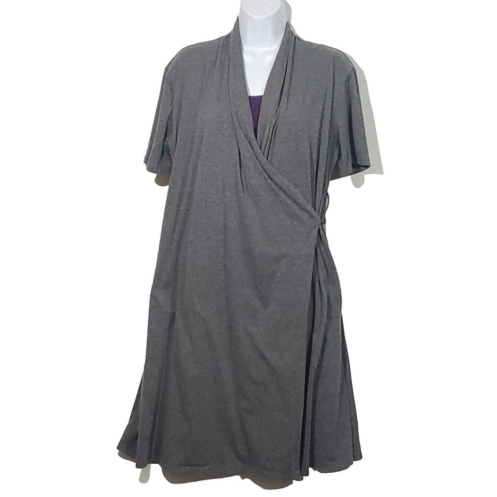 Betabrand Med Faux Wrap Short Sleeve Stretch Pockets w/Zipper Gray Purple Dress